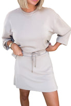 Racing Red Solid Color Drop Shoulder Pullover Drawstring Mini Skirt Set Two Piece Skirt Sets de6512fe2736f16e