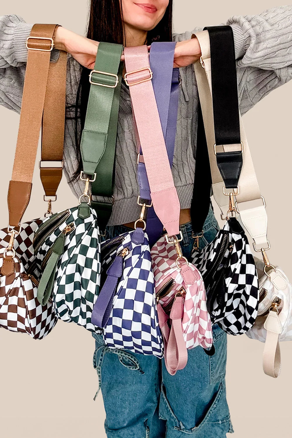 Pink Checkered Print Wide Strap Large Crossbody Bag Crossbody Bags de681cc44399423a