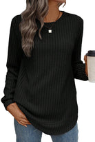 Ribbed Texture Round Neck Long Sleeve Rounded Hem Top Long Sleeve Tops de79e44cc270c30a