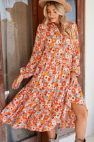 Multicolor Boho Floral Collared Long Sleeve Dress Midi Dresses de8099df55382f25