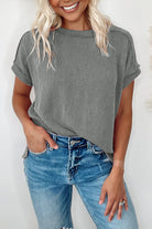 Medium Grey Crinkle Rib Knit Exposed Seam Round Neck T-shirt T Shirts de819060f7621172