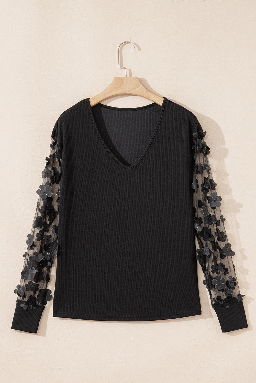 Black Flower Applique Mesh Long Sleeve V Neck Top Long Sleeve Tops de8d10c26e1d9036