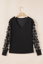 Black Flower Applique Mesh Long Sleeve V Neck Top Long Sleeve Tops de8d10c26e1d9036