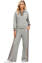 Gray Striped Patchwork Quarter Zip Pullover Loose Pants Set Two Piece Pants Sets deb970da5afb55da