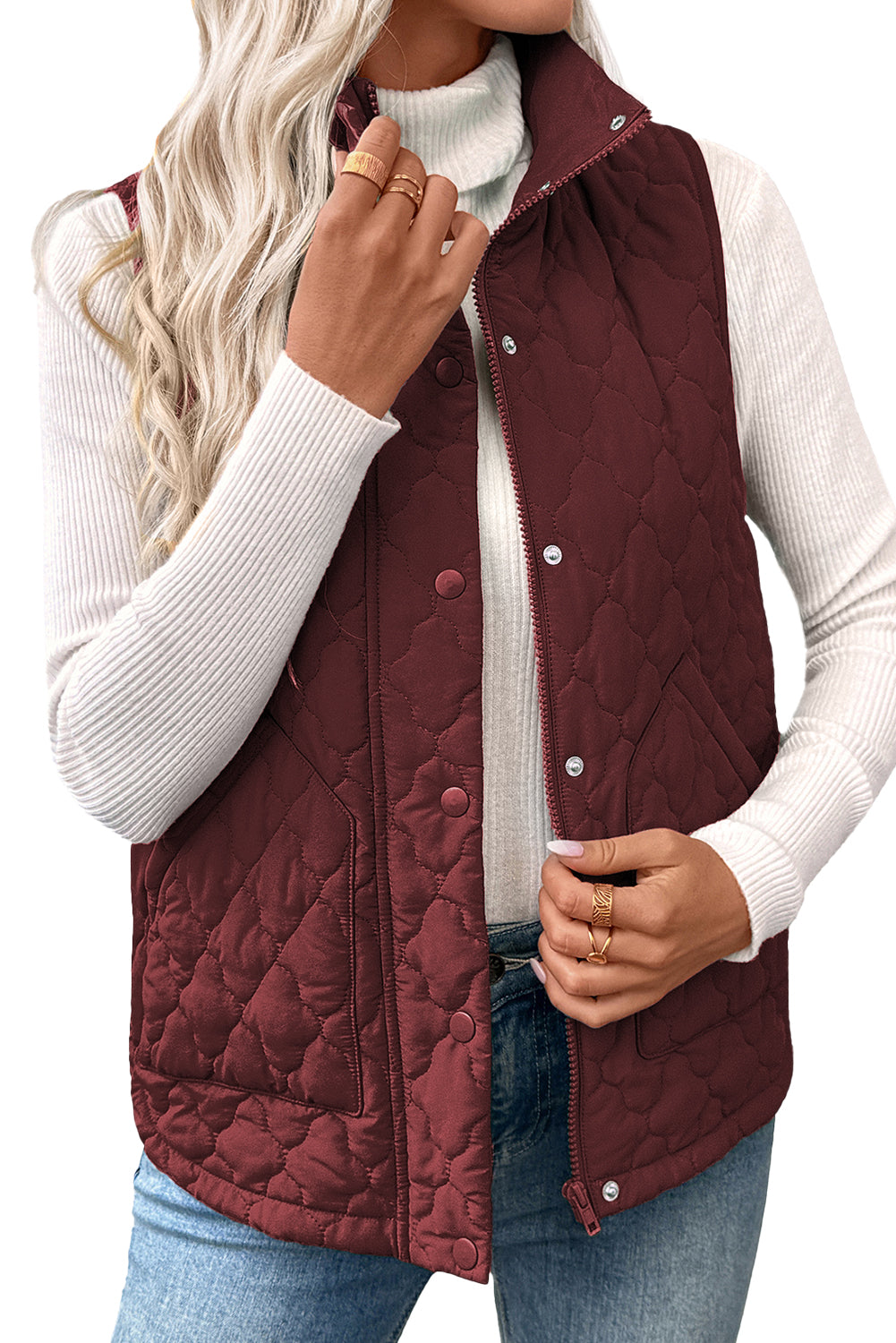 Wild Ginger Flower Shape Quilted Snap Button Zip Up Winter Vest Coats decbc7767455c148
