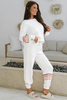 Beige Striped Drop Shoulder Pullover and Jogger Pants Active Outfit Two Piece Pants Sets df0c9c2ed2cf229a