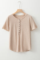 Oatmeal Short Sleeve Half Button Ribbed Top T Shirts df100f4c790e7c51