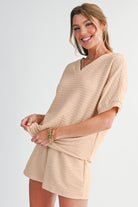 Pink Textured V Neck T Shirt and Shorts Set Two Piece Shorts Sets df1b86cd1af767de