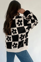 Black Flower Colorblock Checkered Henley Sweater Sweaters df2ed5bdc5bf1c2a