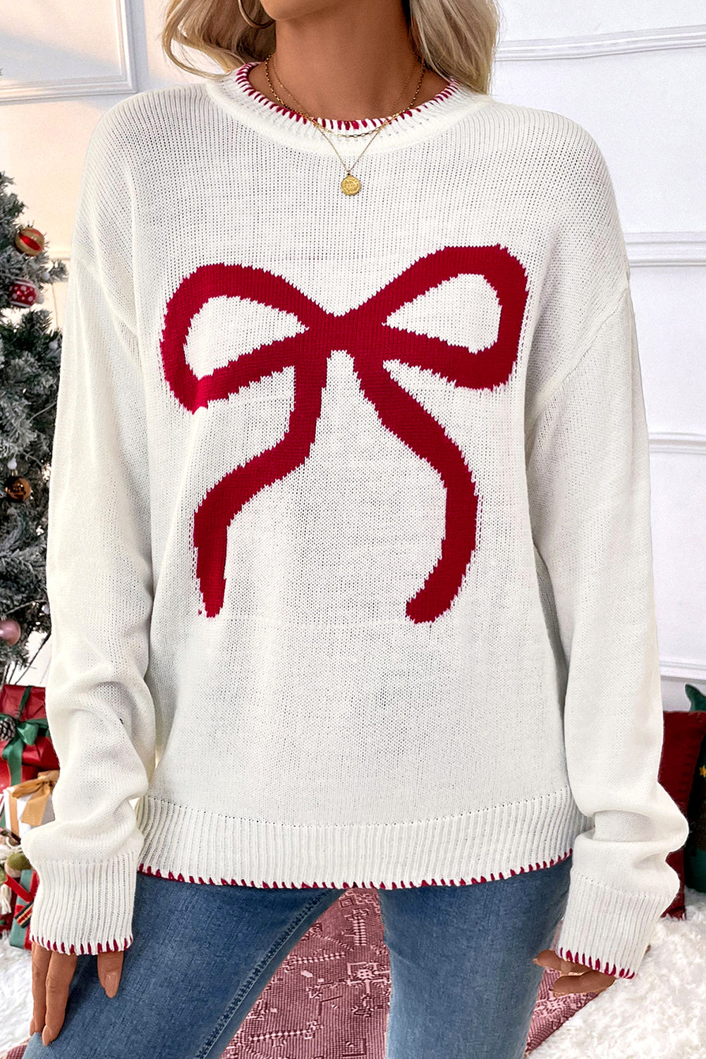 White Sweet Bow Long Sleeve Knit Sweater Sweaters df4ee661dfddce47