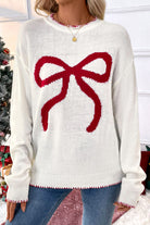 White Sweet Bow Long Sleeve Knit Sweater Sweaters df4ee661dfddce47