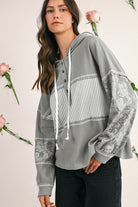 Cinnamon Striped Waffle Patchwork Drawstring Hooded Long Sleeve Top Long Sleeve Tops df54134c992862c3