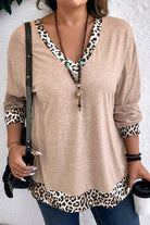 Parchment Leopard Patchwork V Neck Long Sleeve Plus Size Top Plus Size Long Sleeve Tops df57f2ed90bac453