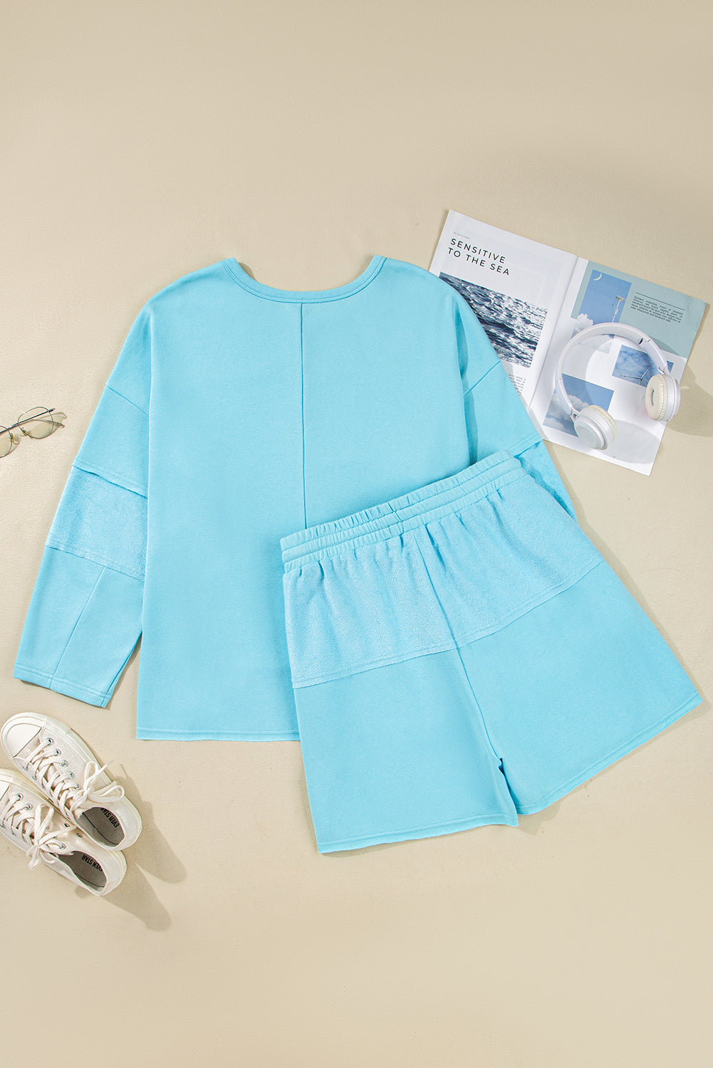 Aruba Blue Solid Color Pullover Top Plus Size Raw Hem Shorts Set Plus Size Matching Sets dfb72b0af4df127a