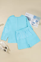 Aruba Blue Solid Color Pullover Top Plus Size Raw Hem Shorts Set Plus Size Matching Sets dfb72b0af4df127a