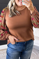 Brown Floral Puff Sleeve Round Neck Plus Size Blouse Plus Size Tops dfeb33b1711e4c86