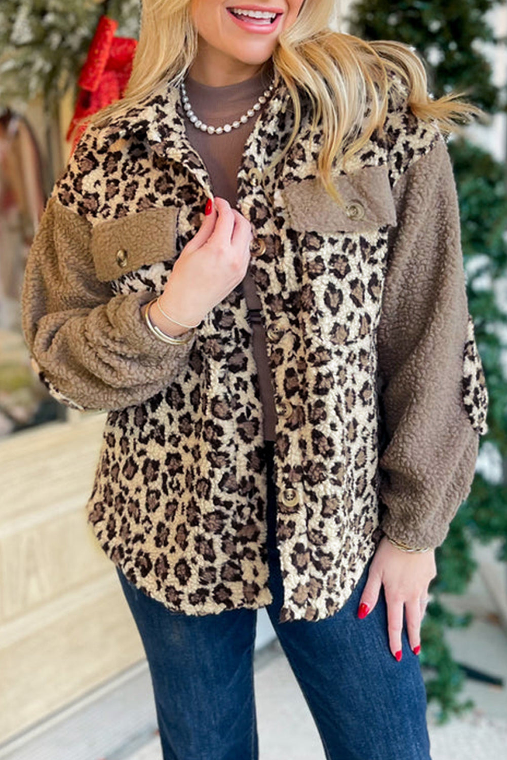 Brown Sherpa Leopard Print Flap Pocket Collared Button Up Jacket Jackets e004f2d818beefa3