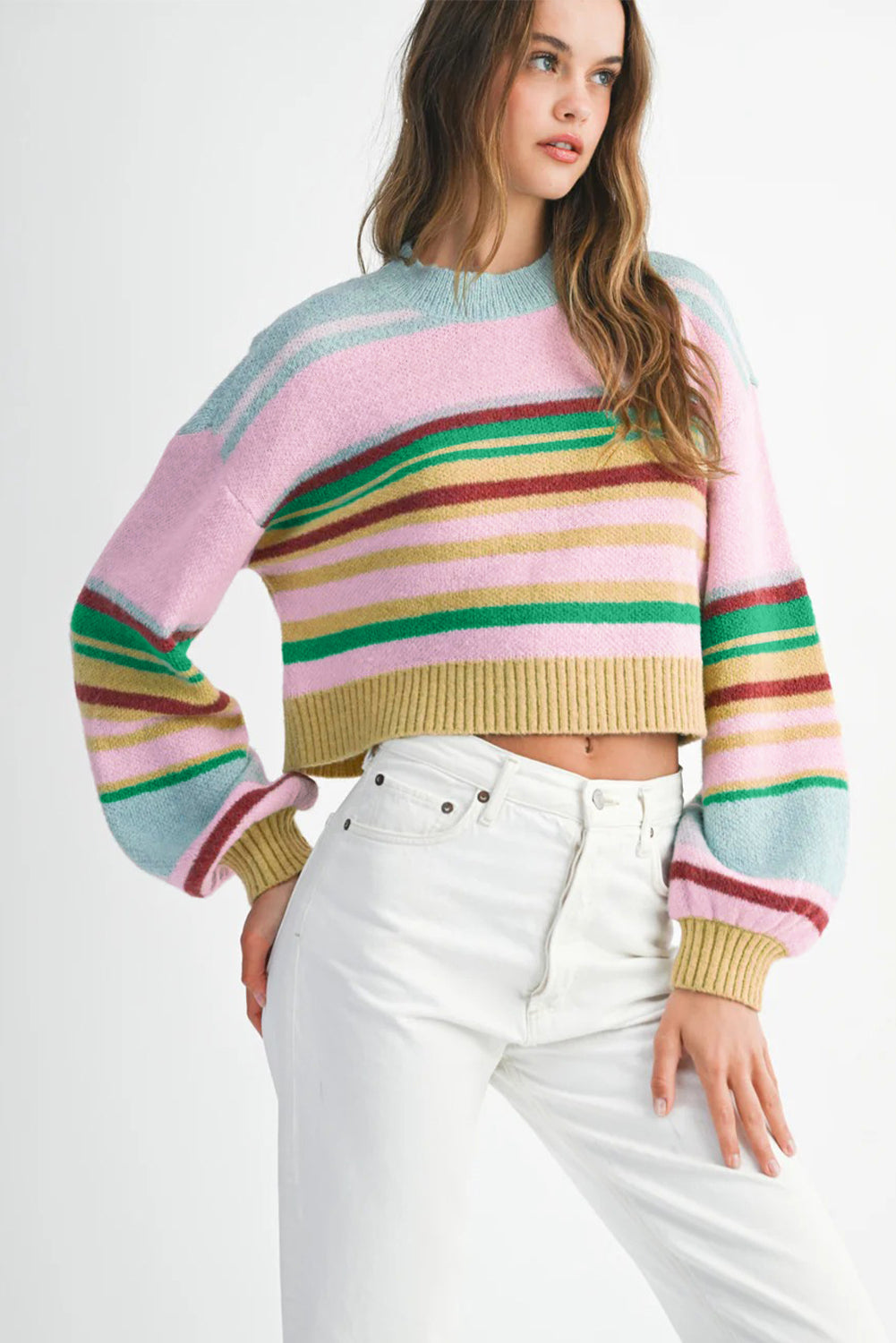Multicolour Striped Knit Ribbed Trim Boxy Fit Cropped Sweater Sweaters e018edf427abcc0a