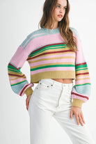Multicolour Striped Knit Ribbed Trim Boxy Fit Cropped Sweater Sweaters e018edf427abcc0a