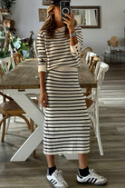 Black Stripe Ribbed Trim Button Cuff Top and Midi Skirt Outfit Two Piece Skirt Sets e02fb8edf001fe7a