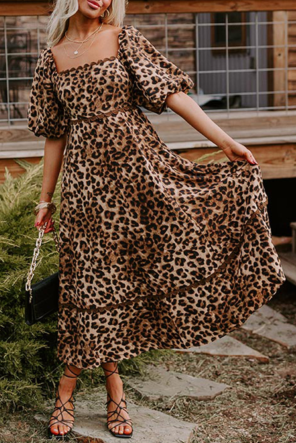 Brown Leopard Print Puff Sleeve Ricrac Maxi Dress Maxi Dresses e049b91d03895ac1