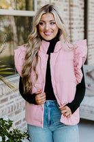 Pink Stand Neck Flutter Sleeve Snap Button Puffer Vest Coats e090cc9e98c24810