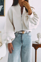 White Solid Color Zip Up Knit Puff Sleeve Jacket Jackets e0b1e4ec0be6e27d