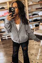 Gray Waffle Splicing Zip Up Front Button Hooded Jacket Jackets e0ef86d24a4e2f95