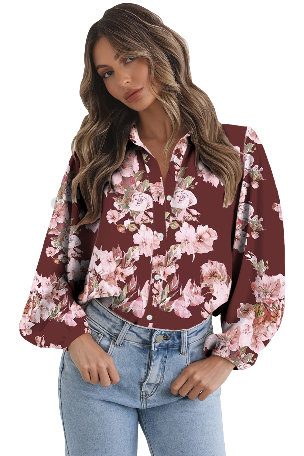 Brown Floral Puff Sleeve Lightweight Shirt Blouses e0f10925fbd0f5b0