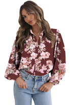 Brown Floral Puff Sleeve Lightweight Shirt Blouses e0f10925fbd0f5b0