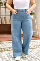 Dusk Blue Patched Pocket Textured Wide Leg Plus Size Jeans Plus Size Bottoms e0fb0447674a4470