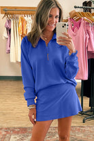 Dark Blue Half Zip Pullover Mini Skirt 2pcs Outfit Two Piece Skirt Sets e136da6d80b3a24e
