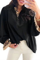 Black Leopard Contrast V Neck Long Sleeve Blouse Blouses e13cb5b1458be992
