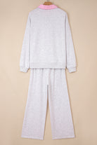 Light Grey Stripe Patchwork Loose Long Sleeve Top Drawstring Waist Pants Set Two Piece Pants Sets e156135d4801a2ca