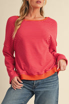 Tomato Red Two Tone Striped Side Buttons Drop Shoulder Top Long Sleeve Tops e16ba92c8157bcae