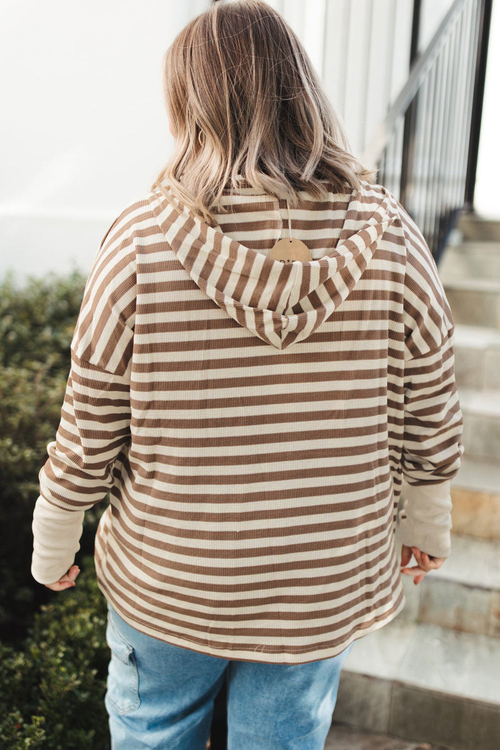 Brown Stripe Drop Sleeve Plus Size Henley Hoodie Plus Size Tops e172e1f94d664b1d