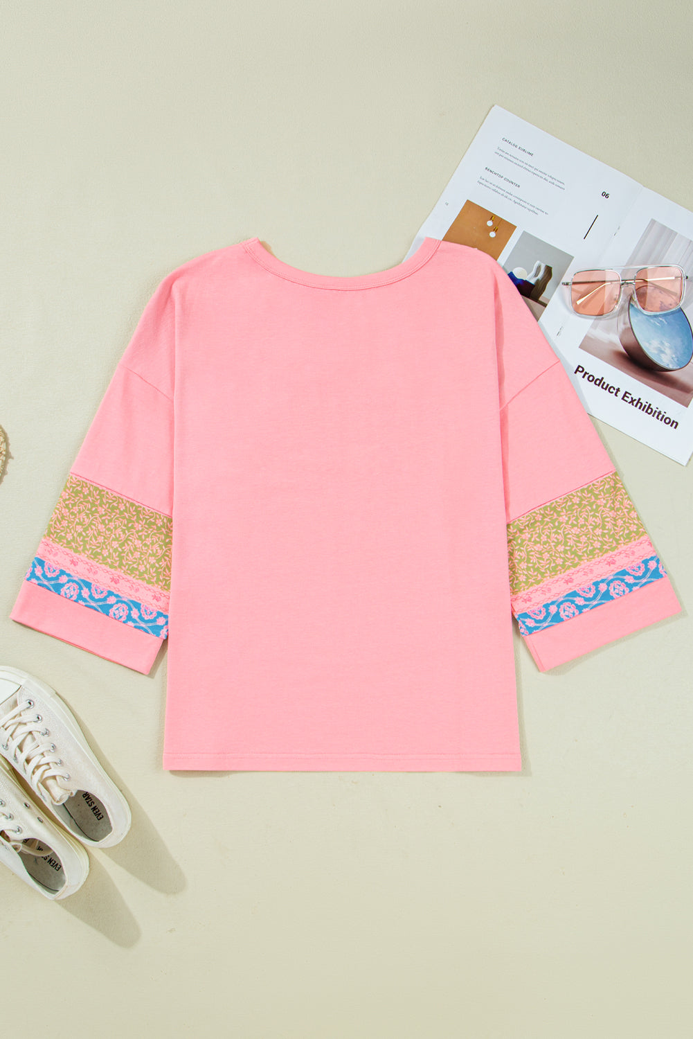Gossamer Pink Floral Color Block Patchwork Long Sleeve Top Long Sleeve Tops e18122c2dfd6058f