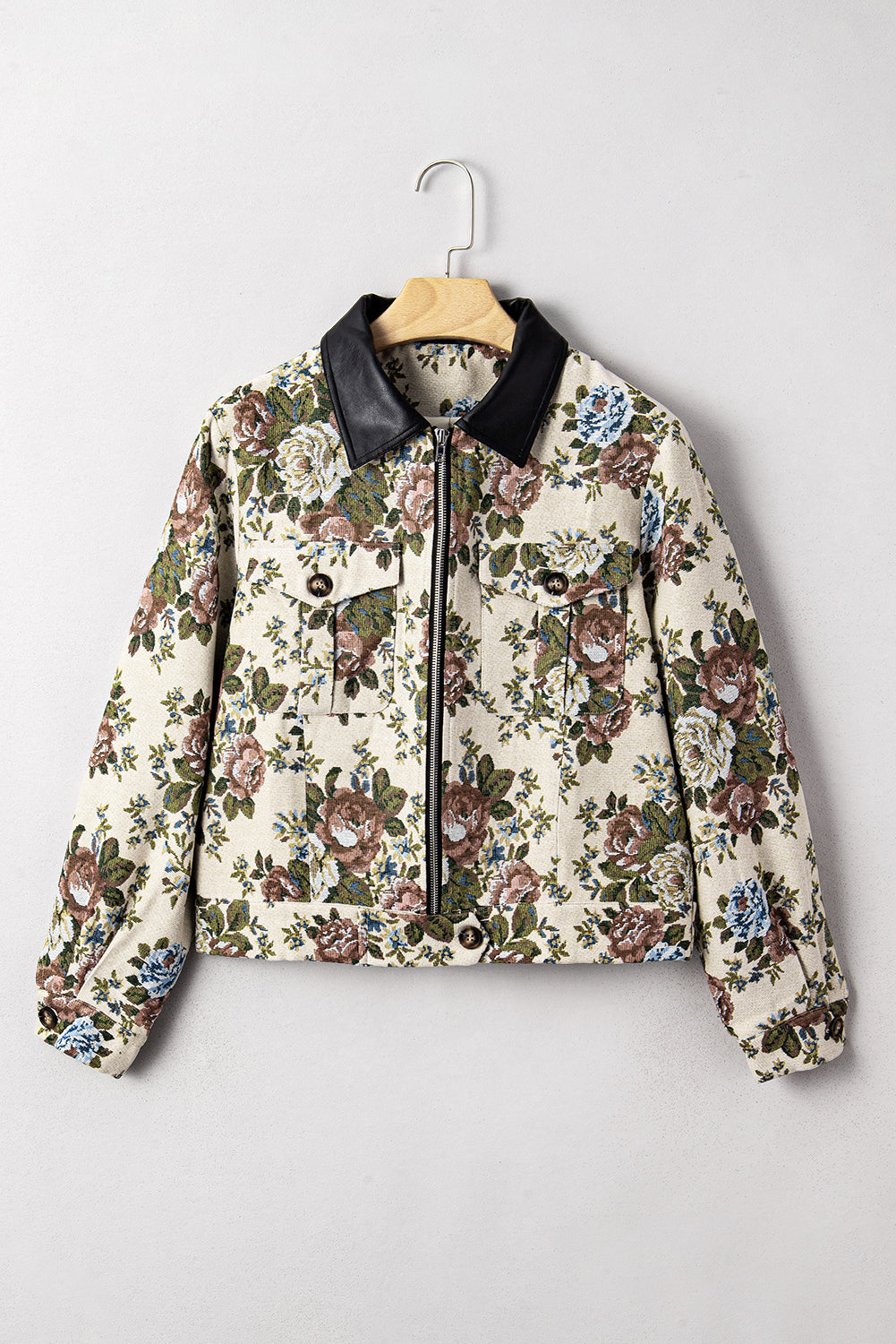 Khaki Floral Print Zip Up Contrast Collared Jacket Jackets e18515db432b2b9c