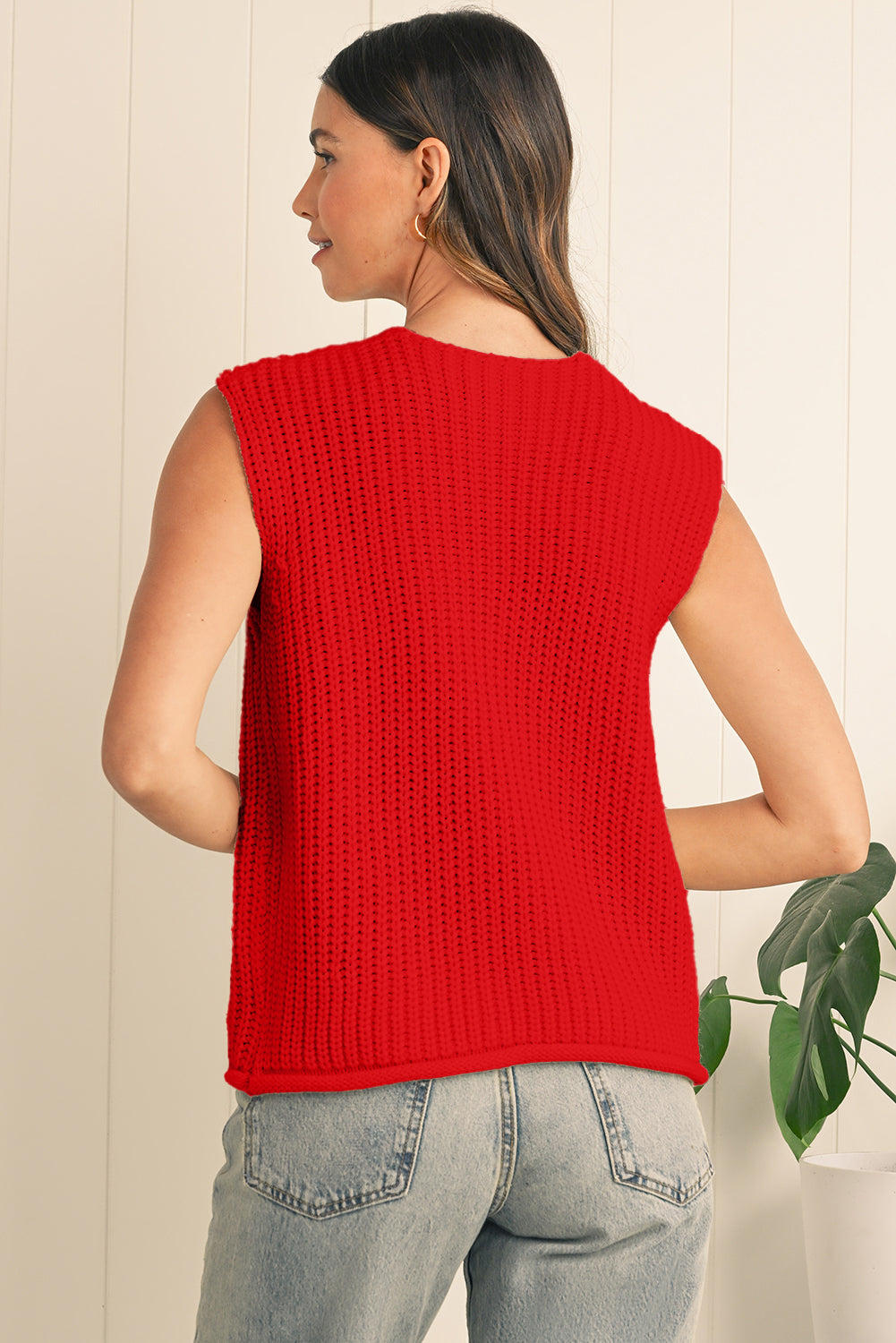 Fiery Red Solid Textured Knit Side Pockets Buttoned Sweater Vest Cardigans e1c269a9c107488b