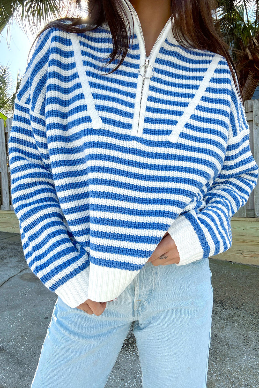 Sky Blue Stripe Zip up Collar Drop Sleeve Sweater Sweaters e1c5aaf24016589f