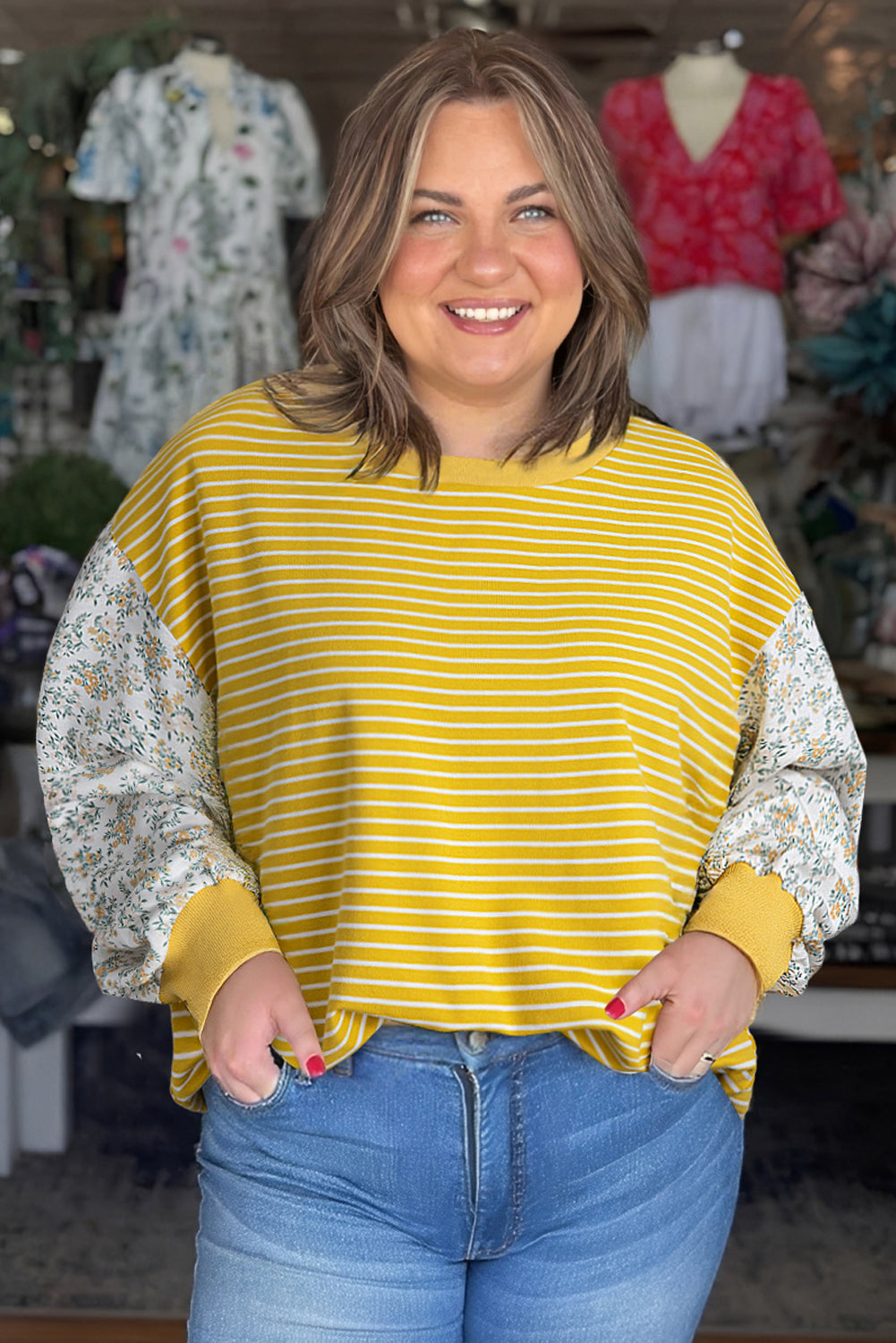 Yellow Striped Floral Patchwork Sleeve Plus Size Loose Top Plus Size Tops e1def48bb3305ee5