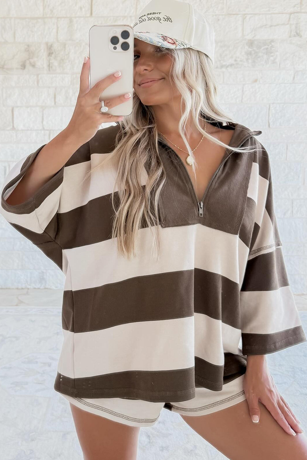 Brown Striped Color Block Zip Collar 3/4 Sleeve Oversize Sweatshirt Sweatshirts & Hoodies e1ec73d2ea4dce4e