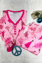 Pink Christmas Tree Print V Neck Buttoned Pullover and Pants Pajama Set Loungewear Set e1ee1b7cdc6b2ccb