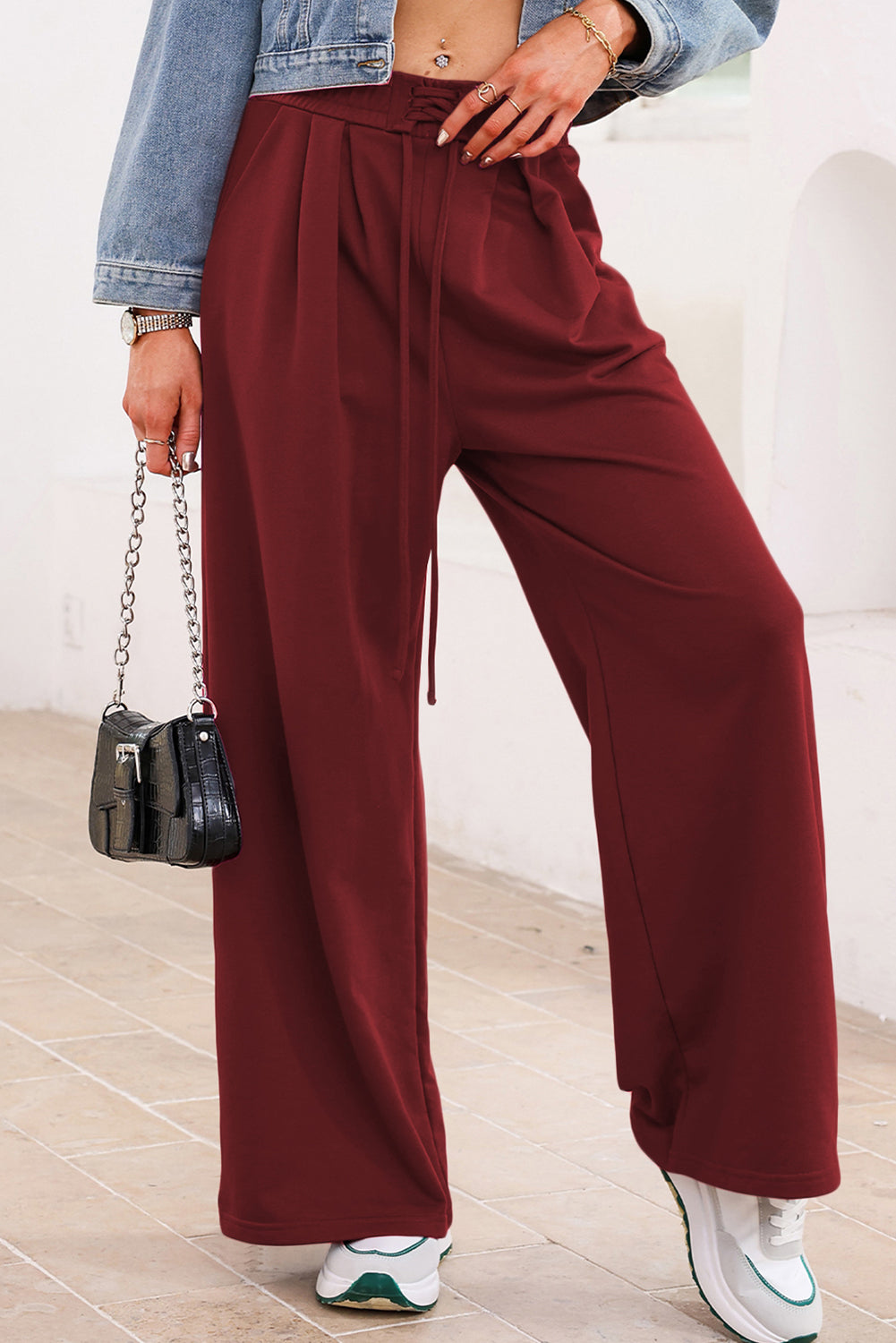 Burgundy Tied Elastic High Waist Pleated Detail Solid Sweatpants Pants & Culotte e1f30744c1497e5d