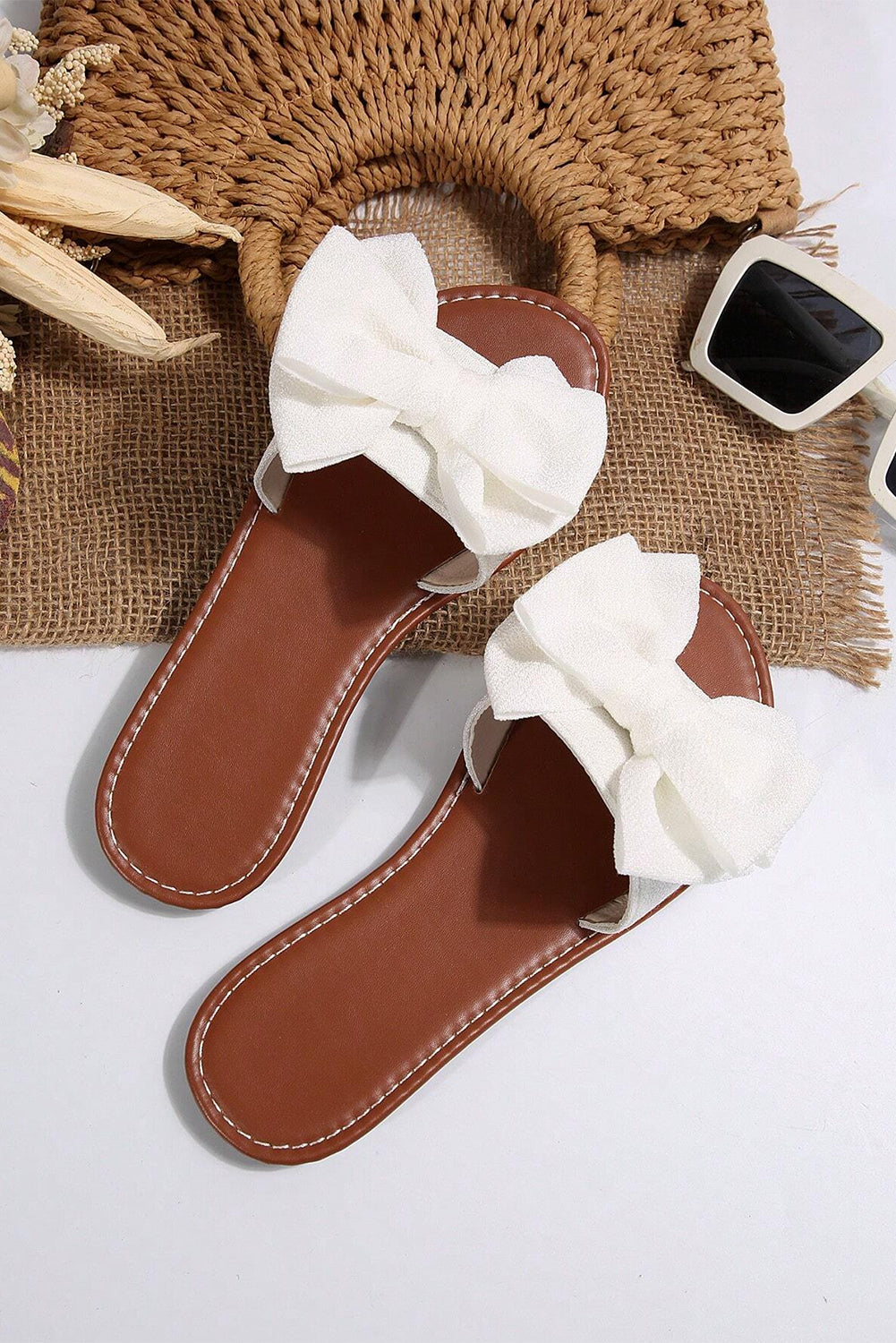 White Bow Decor Flat Slippers Slides Shoes + Flip Flops e1fde0317b8257e8