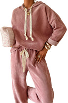 Rose Tan Drawstring Pullover Hoodie and High Waist Pants Corduroy Suit Two Piece Pants Sets e20c432a108ef2e4