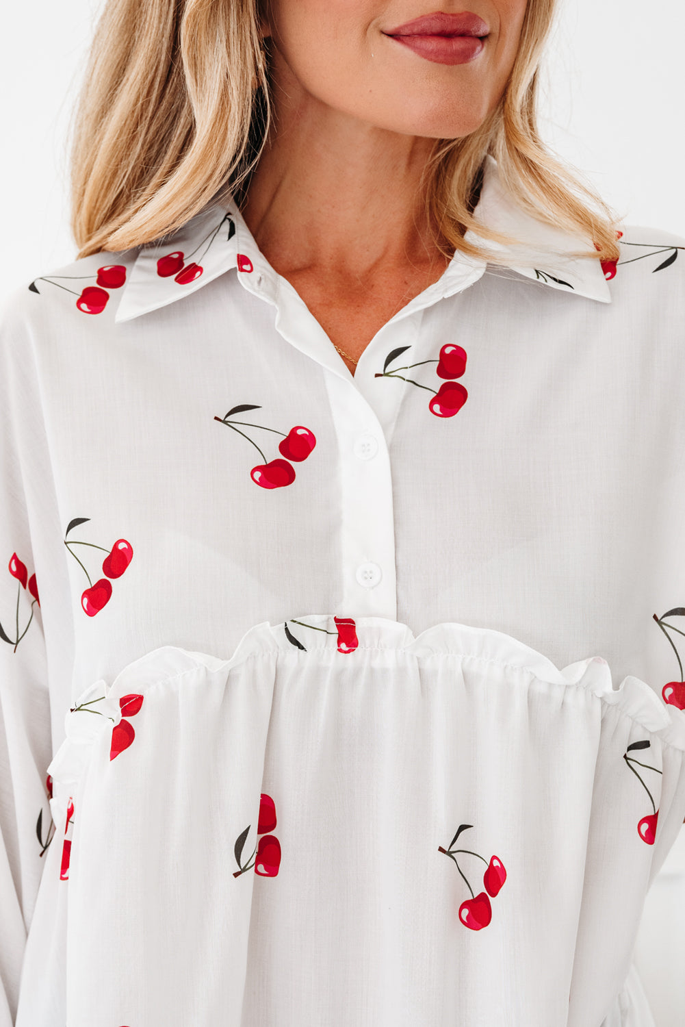 White Cherry Print Flounce Sleeve Collared Frilled Babydoll Blouse Blouses e2123b373aac2209