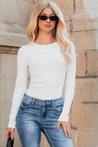 White Ribbed Long Sleeve Crew Neck Solid Color Bodysuit Bodysuit e2334852120f8c8b