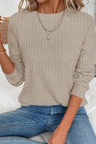 Ribbed Texture Round Neck Long Sleeve Rounded Hem Top Long Sleeve Tops e24ee13975b40e6d
