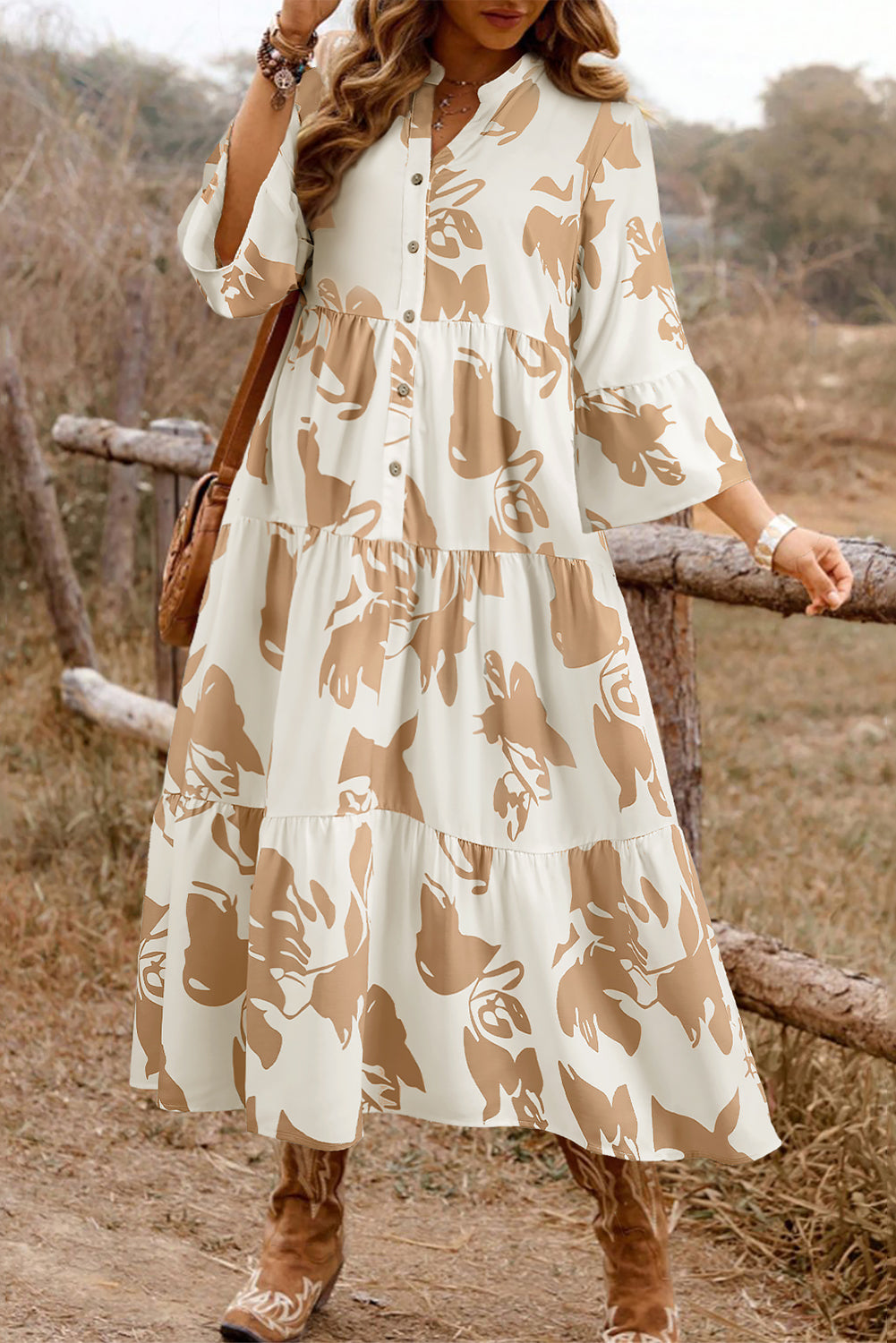 Khaki Abstract Print Ruffle Sleeve Tiered A-line Plus Size Long Dress Plus Size Dresses e2584545280d9956